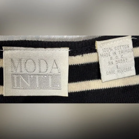 90s / Y2K Moda Intl L Black & White V-neck Striped Button-down Cotton Cardigan - Picture 4 of 5